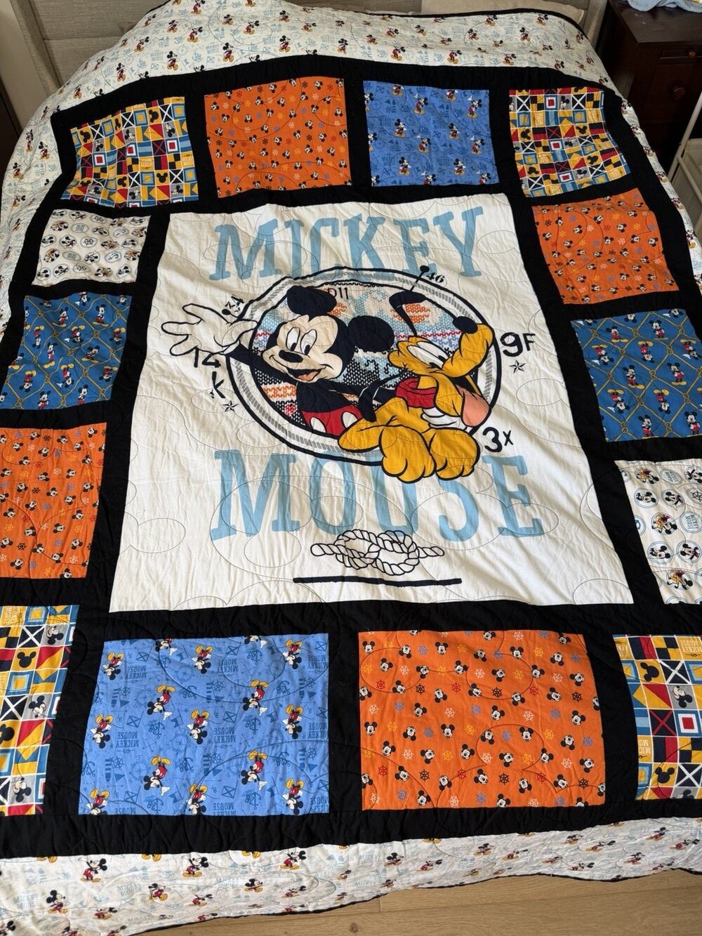 Vintage Disney Mickey Mouse Quilted Blanket Comforter Nautical Patchwork 78x86”